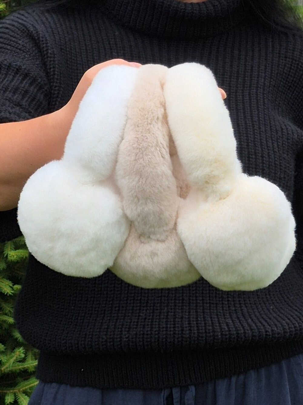 Cream Real Rex Rabbit Fur Winter Earmuffs, Warm Full Fur Women's Headband - Picture 6 of 6